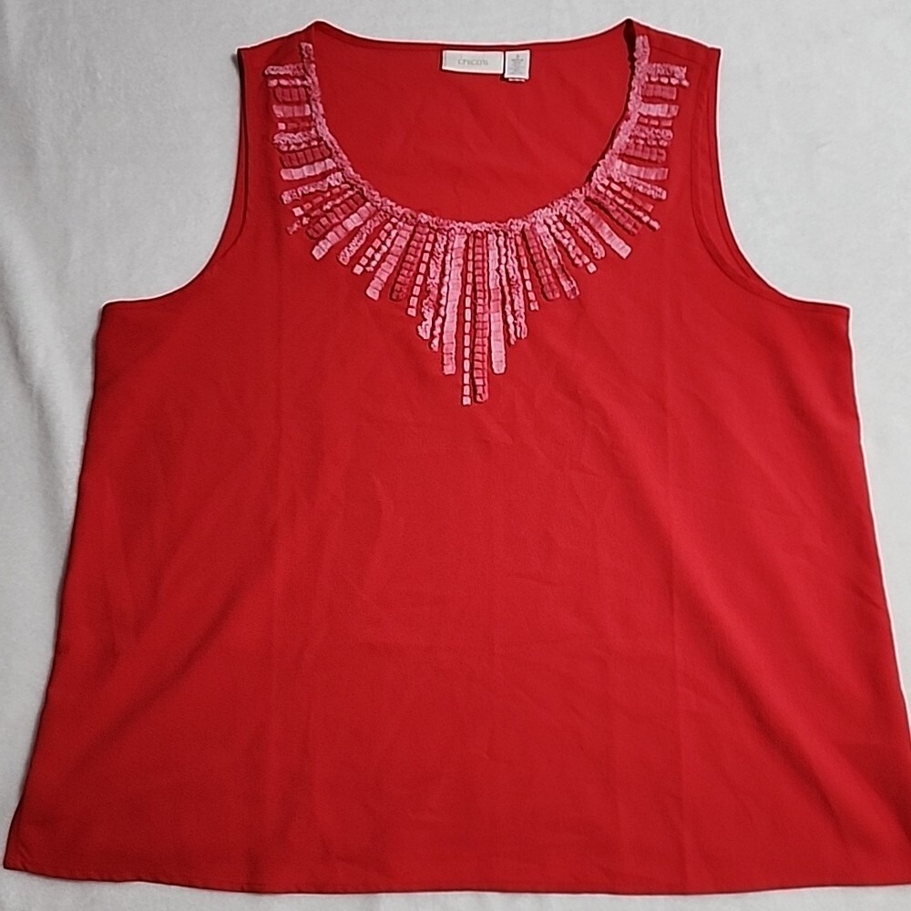 Chico's Red Sleeveless‎ Blouse Pink Ruffle Trim Neckline Shell Top Womens Size 3